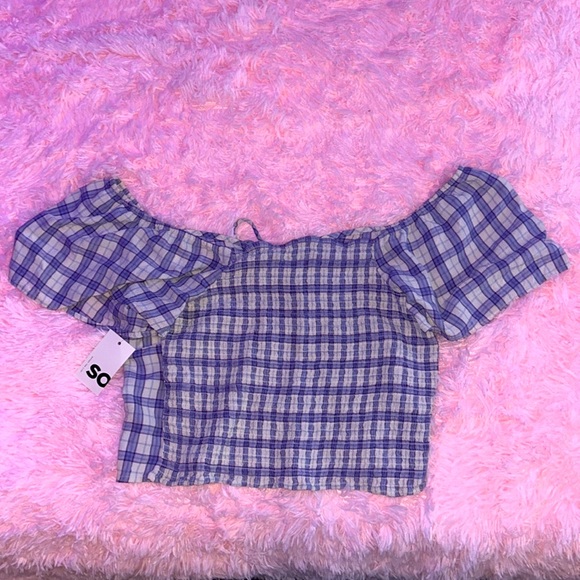 Purple & cream plaid off the shoulder crop top - Picture 2 of 5